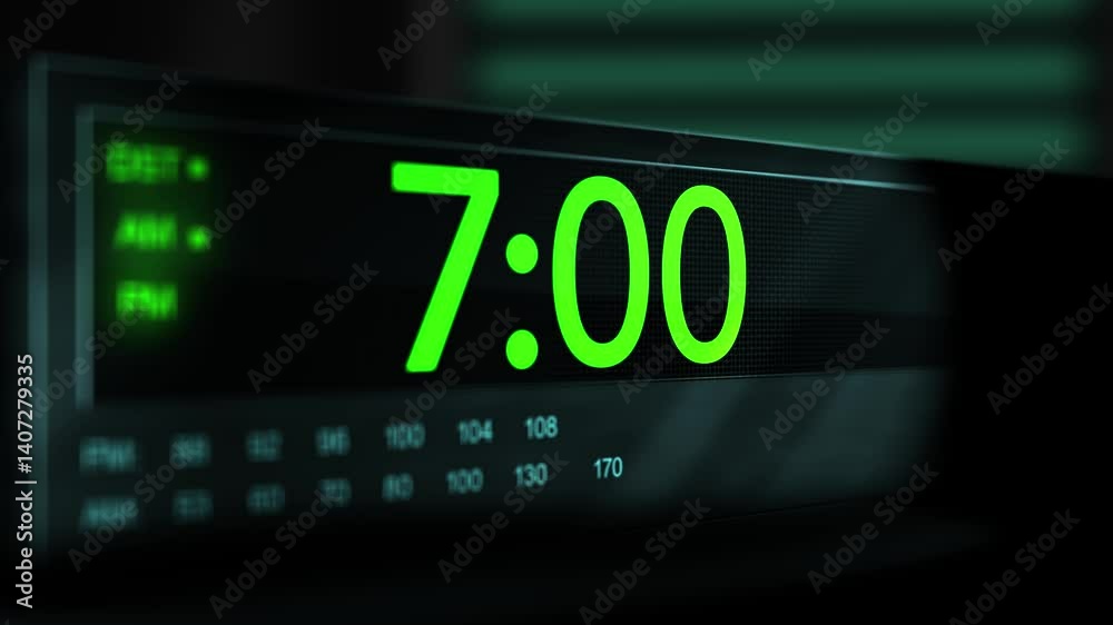 Camera pans across old digital clock as time arrives at 7 AM - Green Version