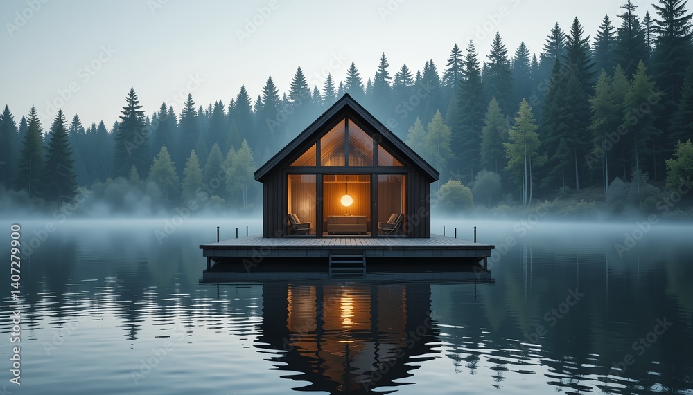 Obraz premium Cozy cabin on serene lake surrounded by dense forest with warm interior lighting - AI generated nature retreat photography