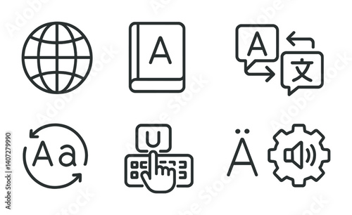 outline vector icons of language settings: globe, dictionary, keyboard, translation, language switch, input method, accent, speech settings. No text. The icons should be clean. isolated transparent