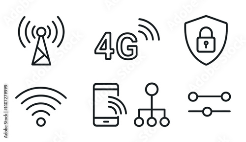 outline vector icons of network settings: signal tower, 4G, LTE, VPN, Wi-Fi, hotspot, network map, connectivity. No text. The icons should be clean. isolated transparent background. Line icons in