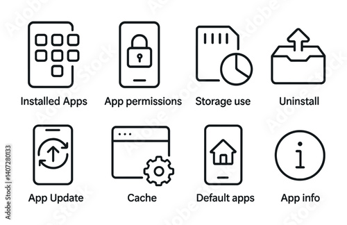 outline vector icons of app management settings: installed apps, app permissions, storage use, uninstall, app update, cache, default apps, app info. No text. The icons should be clean. isolated