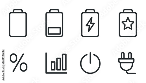 outline vector icons of battery settings: battery full, battery low, charging, battery saver, percentage, usage graph, power mode, unplug. No text. The icons should be clean. isolated transparent