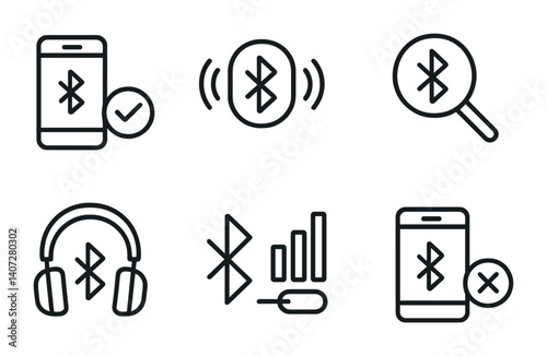 outline vector icons of Bluetooth settings: paired device, discoverable, search Bluetooth, headphones, signal strength, connection, transfer, unpair. No text. The icons should be clean. isolated