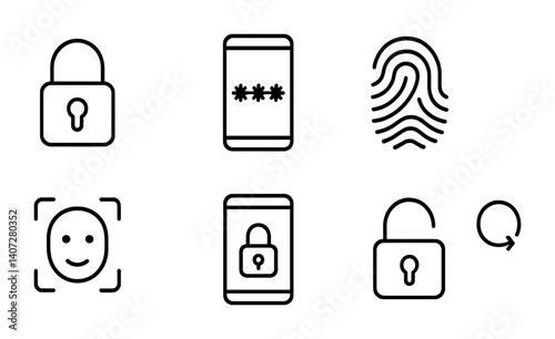 outline vector icons of screen lock settings: lock, PIN, password, fingerprint, face ID, smart lock, unlock, lock timer. No text. The icons should be clean. isolated transparent background. Line