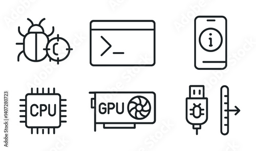 Technology and security icon set: linear style with gadgets and components