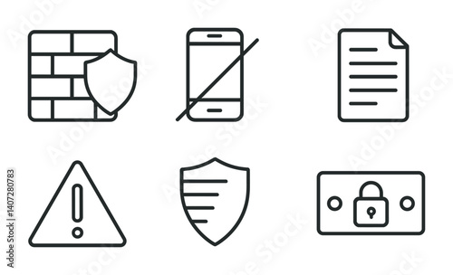 outline vector icons of firewall settings: firewall shield, blocked app, network rules, exception list, alert, protection level, logs, port control. No text. The icons should be clean. isolated