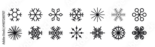 Christmas snowflakes on white background vector illustration, Set of Snowflakes. Line icons set.