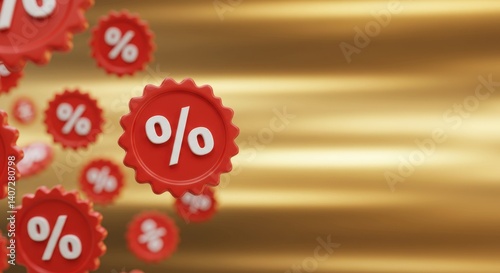 3D rendered red flash sale discount price badges tags with percentage symbol flying on golden backdrop. Banner for promotion, special offer, marketing campaign, shopping retail event, holiday sale
