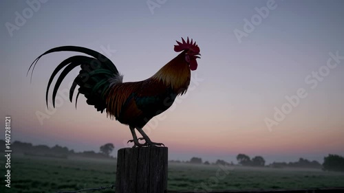 Rooster silhouette crowing on wooden fence post against dawn sky backdrop