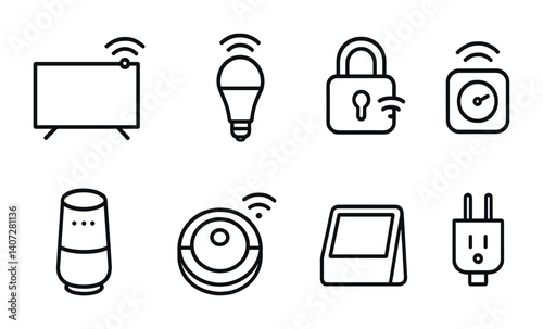 outline vector icons of smart device settings: smart TV, smart light, smart lock, smart thermostat, smart speaker, robot vacuum, smart display, smart plug. No text. The icons should be clean.