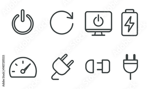 outline vector icons of battery settings: battery full, battery low, charging, battery saver, percentage, usage graph, power mode, unplug. No text. The icons should be clean. isolated transparent
