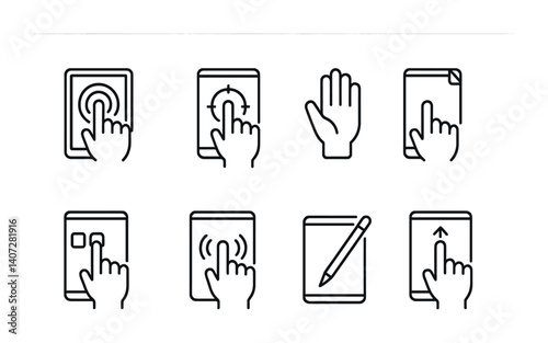 outline vector icons of touchscreen settings: sensitivity, calibration, palm rejection, screen protector, haptic feedback, input type, stylus support, gestures. No text. The icons should be clean.
