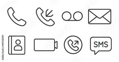 outline vector icons of phone communication: phone call, missed call, voicemail, message, contact book, video call, call log, SMS. No text. The icons should be clean. isolated transparent background.