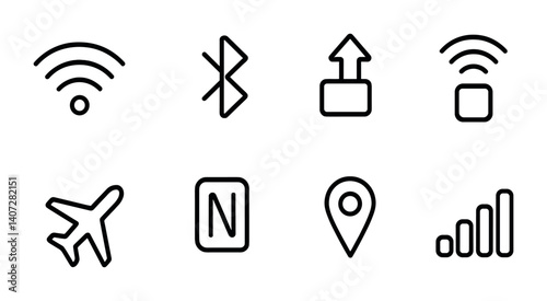 outline vector icons of phone connectivity: Wi-Fi, Bluetooth, mobile data, hotspot, airplane mode, NFC, GPS, signal bars. No text. The icons should be clean. isolated transparent background. Line