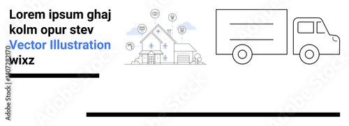 Outline of suburban home with connected service icons and moving truck. Ideal for relocation, property management, smart home technology, logistics, housing services, supply chain solutions, simple