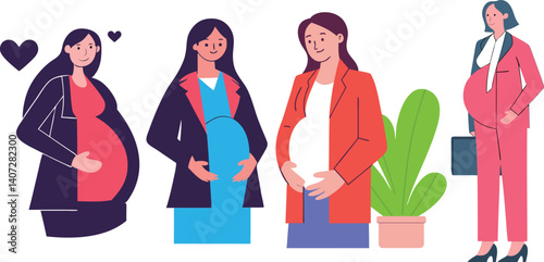 Professional Pregnant Women Vector Illustration – Stylish Cartoon of Expecting Mothers in Office Attire Representing Maternity, Career Balance, and Women’s Empowerment in the Workplace