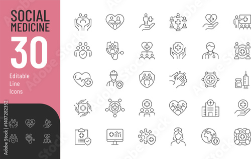 Social Medicine Line Editable Icons set. Vector illustration in modern thin line style of public health related icons: hygiene, care, insurance, and more. Isolated on transparent background.
