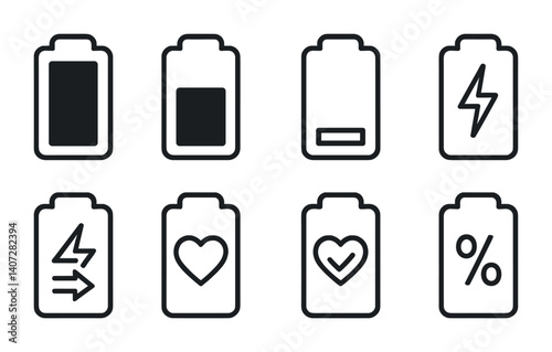 outline vector icons of device diagnostics: phone health check, laptop OK, hardware tested, battery check, system update, RAM status, performance tick, diagnostic passed. No text. The icons should be