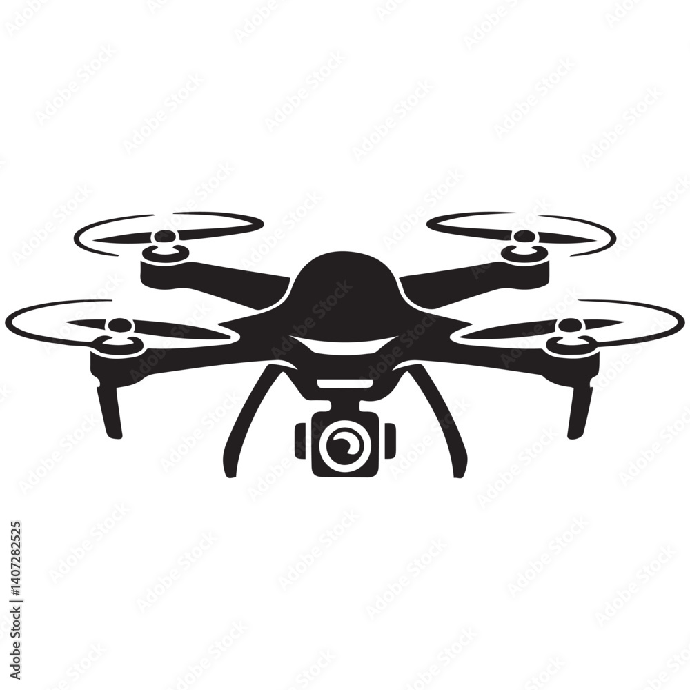 Vector Black silhouettes rc drone quadcopter with camera symbol. with white background