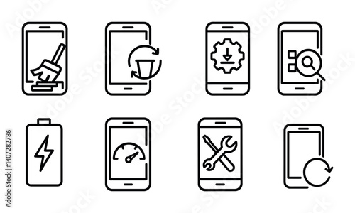 outline vector icons of phone maintenance: clean storage, clear cache, software update, app cleanup, battery optimization, performance mode, restart, diagnostics. No text. The icons should be clean.