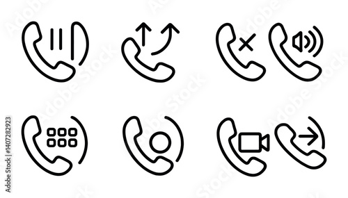 outline vector icons of call features: hold call, call merge, call mute, speakerphone, keypad, call record, video call, call transfer. No text. The icons should be clean. isolated transparent