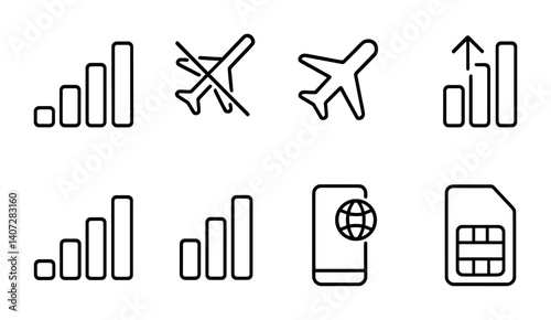 outline vector icons of phone connectivity: Wi-Fi, Bluetooth, mobile data, hotspot, airplane mode, NFC, GPS, signal bars. No text. The icons should be clean. isolated transparent background. Line