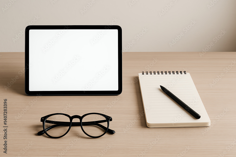 A minimalist workspace featuring a tablet, eyeglasses, a notepad, and a pen on a wooden desk. Ideal for showcasing productivity, minimalism, and modern work environments. A minimalist workspace featuring a tablet, eyeglasses, a notepad, and a pen on a wooden desk. Ideal for showcasing productivity, minimalism, and modern work environments.