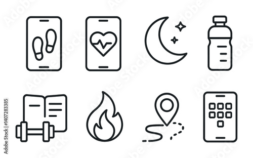 outline vector icons of phone health tracking: steps, heart rate, sleep tracker, water intake, workout log, calories burned, distance, fitness app. No text. The icons should be clean. isolated