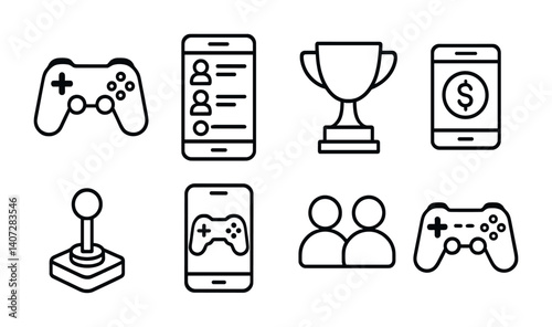 outline vector icons of phone gaming: gamepad, leaderboard, trophy, in-app purchase, joystick, gaming mode, multiplayer, controller. No text. The icons should be clean. isolated transparent