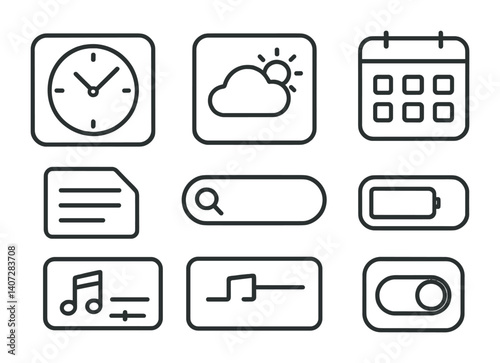 outline vector icons of device management settings: phone, tablet, laptop, desktop, restart, shutdown, device info, diagnostics. No text. The icons should be clean. isolated transparent background.
