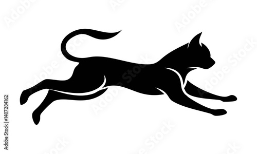 Black Cat Gracefully Leaping Through the Air in a Dynamic Silhouette Illustration