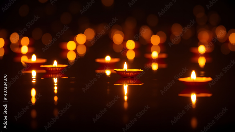 Burning candles cast flickering light in the dark water, symbols of faith and prayer Burning candles cast flickering light in the dark water, symbols of faith and prayer