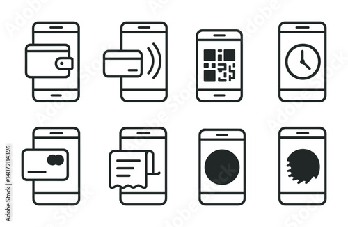 outline vector icons of phone payment features: mobile wallet, NFC pay, QR scan, transaction history, linked card, receipt, pay icon, fingerprint auth. No text. The icons should be clean. isolated