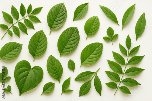 A collection of vibrant green leaves displayed against a light background