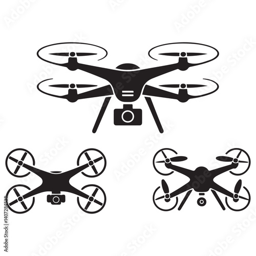 Vector Black silhouettes rc drone quadcopter with camera symbol. with white background