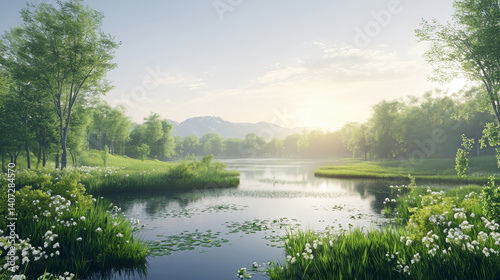 Peaceful sunrise over lake in green forest landscape