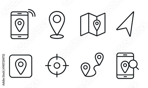 outline vector icons of permissions settings: app permissions, camera access, location access, microphone use, background activity, notification access, contacts access, storage permission. No text.