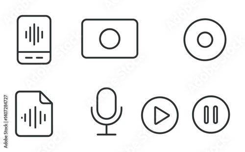 outline vector icons of phone recording features: voice recorder, screen record, record button, recording time, audio file, mic icon, playback, pause recording. No text. The icons should be clean.