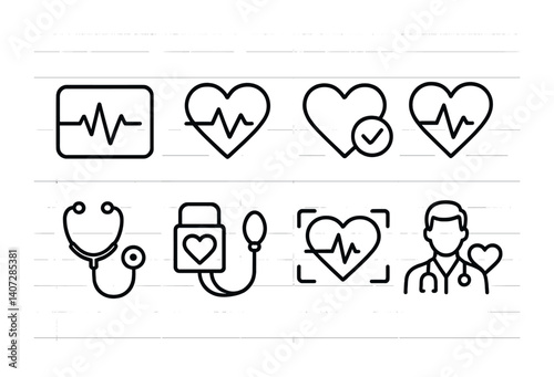 outline vector icons of phone health tracking: steps, heart rate, sleep tracker, water intake, workout log, calories burned, distance, fitness app. No text. The icons should be clean. isolated