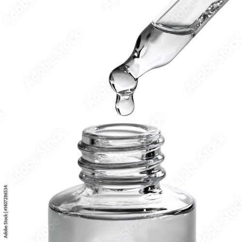 A transparent liquid is being carefully dropped from a pipette's tip into a small glass bottle. The focus is on the drop just before it enters the bottle opening