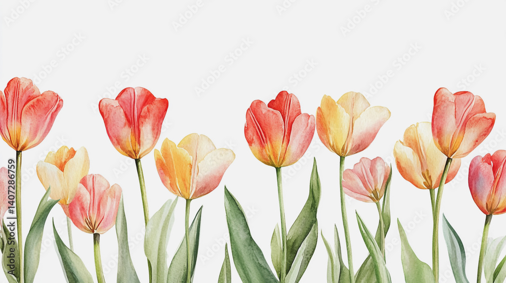 Naklejka premium tulip, graphic design, rose, holiday, postcard, valentine's day, paint, pastel colored, rsvp card, cosmos, wedding background, pattern, celebration, blossom, hand-painted, foliage, pastel, painting,