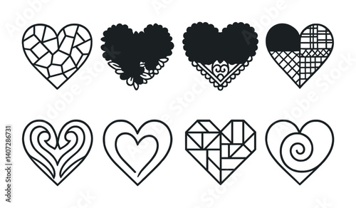 outline vector icons of artistic heart motifs: mosaic heart, floral heart, lace heart, patchwork heart, tribal heart, abstract heart, geometric heart, heart spiral. No text. The icons should be clean