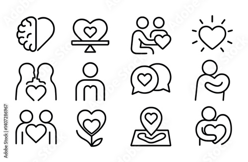 outline vector icons of healing hearts: patched heart, mending heart, heart bandage, healing hug, recovery heart, warm tea heart, resting heart, emotional support. No text. The icons should be clean.