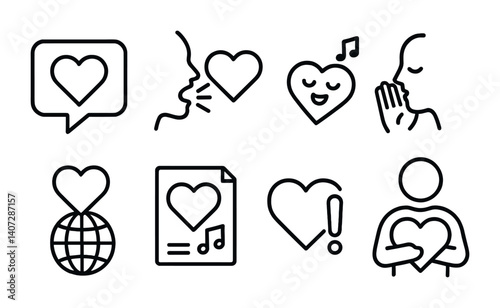 outline vector icons of love expressions: heart speech bubble, love shout, singing heart, whisper heart, heart language, love note, exclamation heart, confession heart. No text. The icons should be