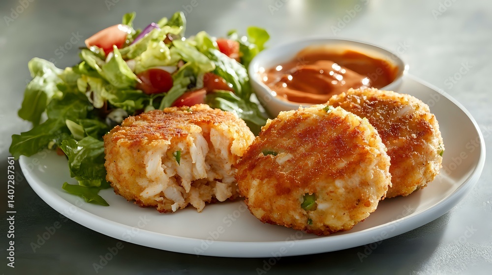 Crab cakes with remoulade sauce and side salad, styled with clear focus and minimal background, served on white plate Crab cakes with remoulade sauce and side salad, styled with clear focus and minimal background, served on white plate