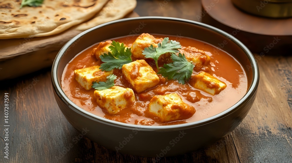 Creamy paneer tikka masala with rich tomato base, served in a neat bowl with paratha and garnish