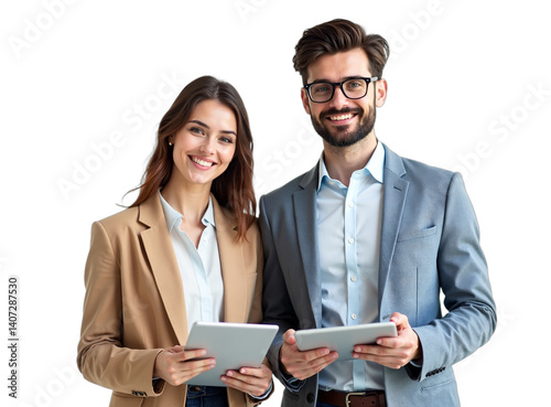 Smiling business team: businesswoman, businessman holding tablets. Portrait, professional corporate shot isolated on a white background. Perfect for teamwork, partnership concepts.