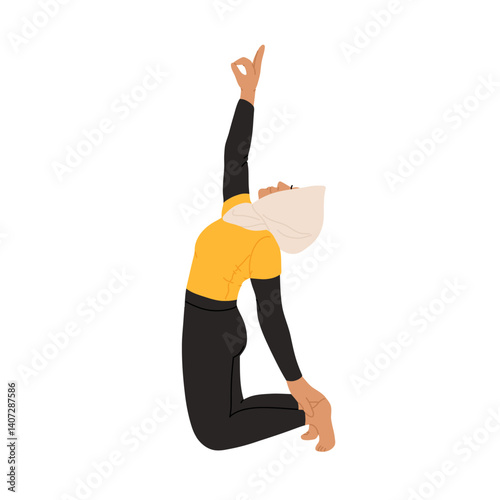 Muslim woman doing yoga exercise. Sport fitness for women in hijab. Body positive concept vector illustration.