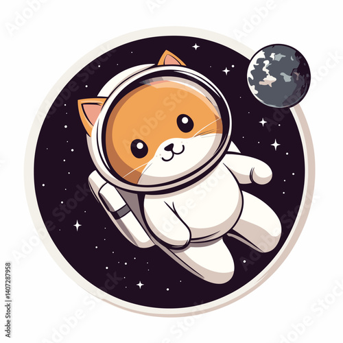 Playful cat astronaut in a space suit floating with Earth in the background, cartoon vector on clean white backdrop