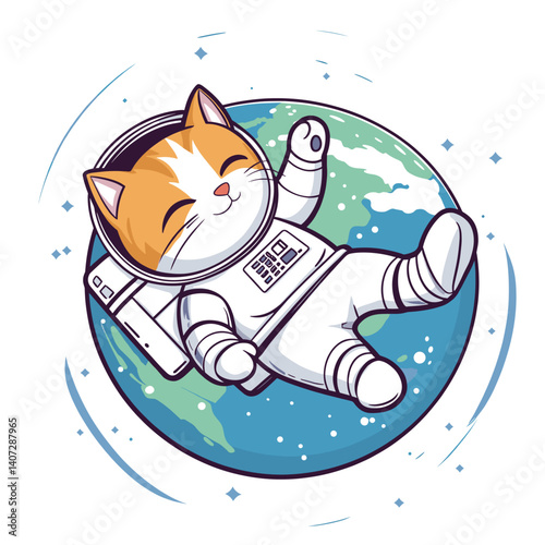 Playful cat astronaut in a space suit floating with Earth in the background, cartoon vector on clean white backdrop